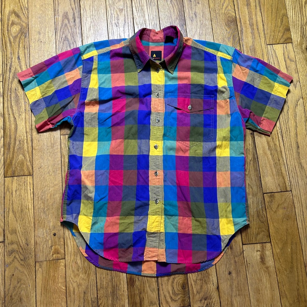 Vintage Lizsport Rainbow Check Plaid Button Down Shirt Short Sleeve Cotton M
